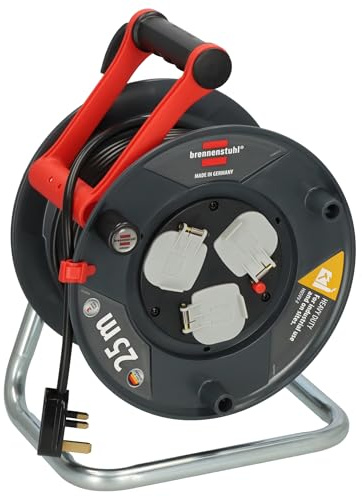 Brennenstuhl Garant Kabeltrommel 25m (Made in Germany, Verlängerungskabel mit 3 Steckdosen und Thermoausschaltschutz, ergonomischer Griff)