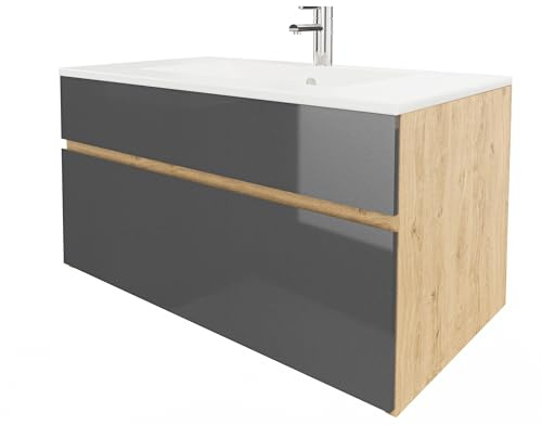 wohnartig® Stella Waschtischunterschrank – Hängend | Eiche Artisan | Anthrazit Hochglanz | 81,2 × 46,5 × 50 cm | Moderner Waschbeckenunterschrank mit Keramikwaschbecken | Waschbecken mit Unterschrank