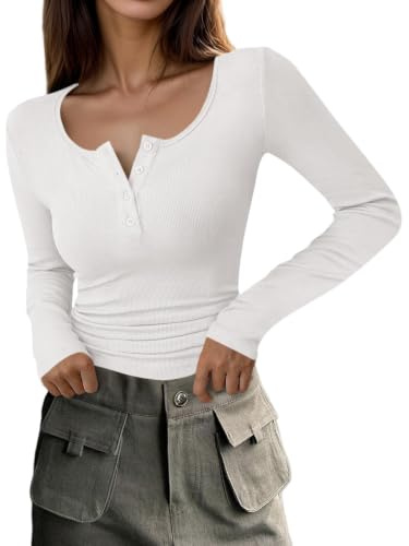 Cicy Bell Damen V Ausschnitt Langarm Oberteile T-Shirts Knopf Gerippte Strick Langarmshirt Slim Fit Basic Henley Tunika Shirts Herbst Winter Oberteile,Weiß,M
