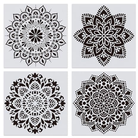 4 Stück Mandala Schablone,Schablonen Wandgestaltung Groß,Wandschablonen zum Streichen,Wiederverwendbares DIY Malerei Vorlage Zubehör,Blume Handwerk Schablone für Wand Boden Segeltuch Kissen Dekoration