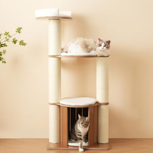 Árbol rascador para gatos de 135 cm con tronco XXL – Árbol de escalada estable, plataformas de 3 niveles, 1 casa para gatos, troncos de 12 cm más gruesos, alfombrillas extraíbles y protección