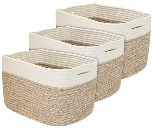HMF Förvaringskorg med dolda handtag, set om 3, korg av bomull | 37,5 x 25 x 22,5 cm | vitbrun