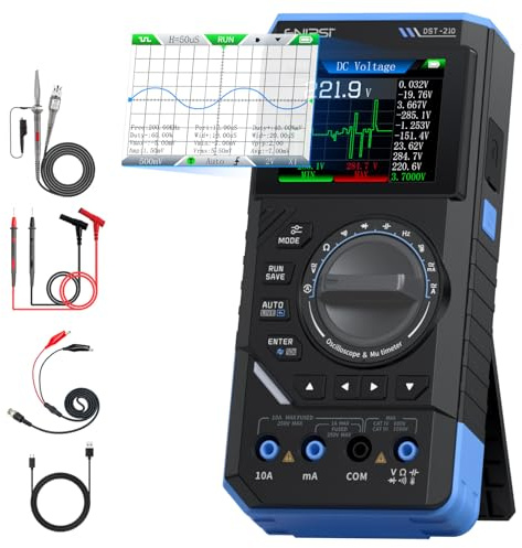 FNIRSI DST-210 Osciloscopio Portátil de Banda 10MHz, 19999 Cuentas, Digital Oscilloscope Multimeter DDS Generator 3IN1, Frecuencia de Muestreo 48MS/s, Voltaje CA/CC, Corriente, Condensador, Diodo