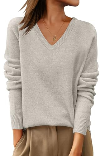 ANRABESS Womens 100% Wool Sweaters V Neck Long Sleeve Work Business Casual Basic Pullover Sweater Tops 2025 Fall Outfits Apricot Medium