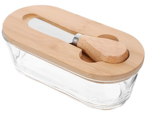 Mikinona Caja Mantequilla con Tapa y Cuchillo Mantequillera Rectangular de Madera y Vidrio Recipiente Hermético para Conservación Cocina y Encimera