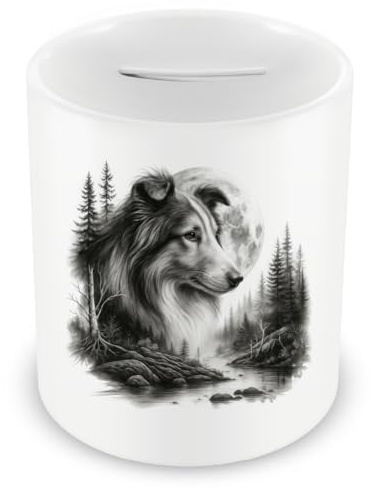 Samunshi® Spardose mit dem Motiv Collie im Wald - Spardose für Collie Fans Sparschwein mit Hunde Motiv Sparbüchse Cash Money Geld weiß 330ml