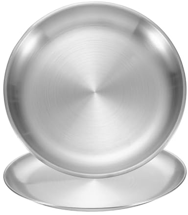 QUARKZMAN 2Pz Piatti Portata Acciaio Inossidabile, Set 2 Piatti Servizio Rotondi 9.1 Piatti Piatti Metallici Cena per Ristoranti Cucina Dessert Insalata Cibo Outdoor Campeggio, Argento