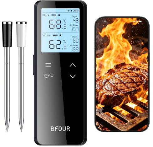 BFOUR BF-80 Wireless Meat Thermometer,WiFi & Bluetooth Meat Thermometer with 2 Probe,Touch Button Base and Intelligent App,IP67 Waterproof,Food Thermometer for BBQ, Ovens & Smokers