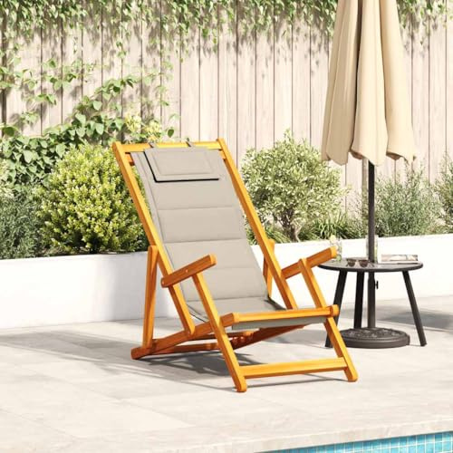 Teenpull Klappstuhl mit Armlehnen, Taupe, Akazienholz & Textilene, 3-Fach verstellbar, faltbar, für Garten, Strand, Camping, Outdoor, 110 kg Tragkraft