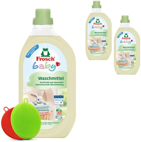 Frosch Baby Waschmittel 22WL 2er Pack (2 x 1,5L) Hypoallergenes Flüssigwaschmittel für Babyhaut, dermatologisch getestet, vegan, nachaltig + BAMALUN Hygiene Silikonschwamm