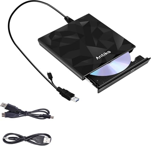 Antika Externe CD DVD Laufwerk TypeC USB 3.0 Extended Cable Backup Power Line Portable DVD Player CD/DVD +/-RW Brenner Reader für Laptop Desktop PC Apple Mac MacBook Pro Windows 11/10/8/7 XP Linux OS