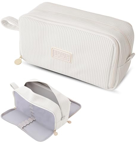 Koxtyzo Federmäppchen aus Cord-Stoff, Federtasche Mäppchen mit 3 Fächer und 12 Textmarker, Federmappe Mädchen Junge, Große Kapazität Schulmäppchen Pencil Case für Schule & Büro (Beige)