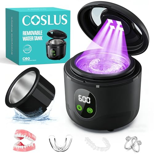 COSLUS C60 Ultrasonic Retainer Cleaner Machine, 45kHz Sonic Dental Cleaner | Professional for Dentures, Mouth Guards and Night Guards, Detachable Tank for Retainer, Portable for Travel and Home, Black
