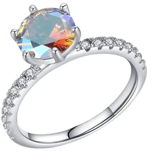 Mesnt Anello Nuziale, Donna Oro Bianco Delicato Anello di Fidanzamento con Granato Rotondo a 6 Griffe e moissanite