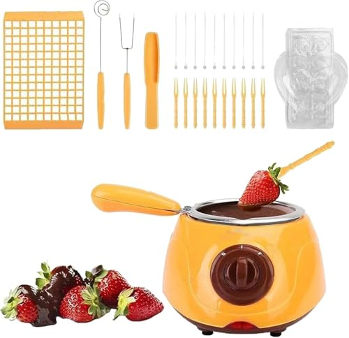 Set per fonduta di cioccolata calda, in plastica elettrica, con vassoi per stampi per cioccolato e forchette da immersione, set per fonduta di cioccolato e marshmallow (giallo, standard UE))