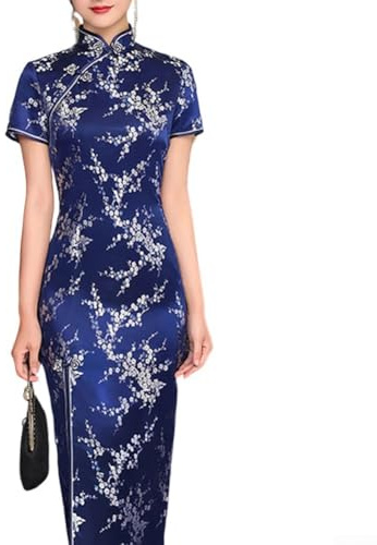 WheatThrive Cheongsam - Robe longue chinoise modifiée à manches courtes - Imprimé rétro - Robe chinoise traditionnelle élégante - Coupe ajustée