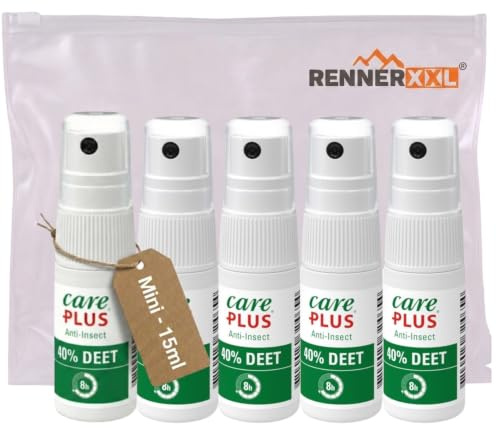 Care Plus DEET 40% Mückenspray 5er Set 5x15ml Mini Reisegröße Handgepäck – Hochwirksamer Insektenschutz Mücken Zecken Tropen Dschungel Safari Fernreise Outdoor Camping
