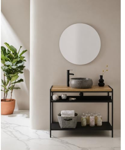 MG Valencia Mobile Sotto Lavabo Bagno LISBOA con 2 Ripiani in Metallo, Top in Melaminico Effetto Legno Resistente all'Umidità, Stile Industriale Moderno. Mobile Sotto Lavandino Bagno