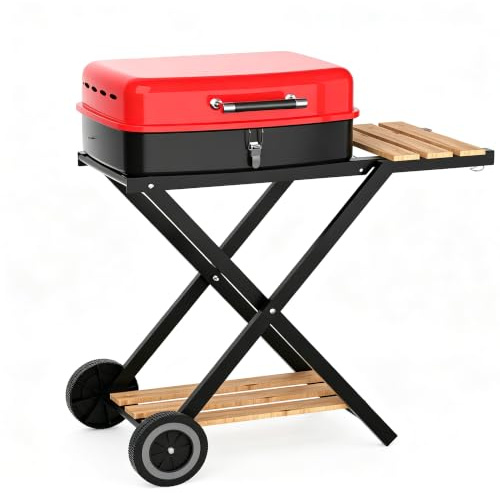 TEENO Grill de charbon portable | Design en valise pliable avec roulettes | Fonctionnement simple et pratique | Combo barbecue et fumoir pour terrasse, jardin, camping et fêtes en extérieur
