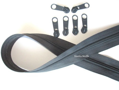 10m Reißverschluss endlos, Spirale 5mm + 20 Schieber/Zipper 27 Farben, Meterware (Grau)