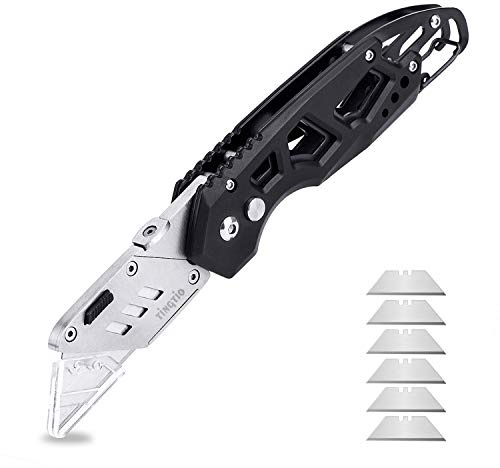 Box Cutter Knife Tingtio Box Knife Heavy Duty Folding Box Cutter with 13 pcs Replacement Blades Belt Clip Black