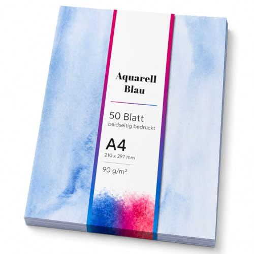 50 Blatt Briefpapier (A4) | Aquarell-Look blau marmoriert | Motivpapier | edles Marmor Design Papier | beidseitig bedruckt | blaues Bastelpapier | 90 g/m²