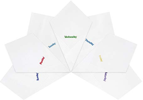 Paquete de 7 pañuelos blancos para hombre/caballero, bordados, días de la semana con bordes de rayas de satén, 100% algodón, 40 x 40 cm, blanco, Taille unique