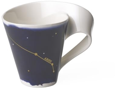 Villeroy und Boch - NewWave Stars Becher mit Henkel, formschöne Tasse mit Widder-Motiv, Premium Porzellan, spülmaschinengeeignet, weiß/blau, 300 ml