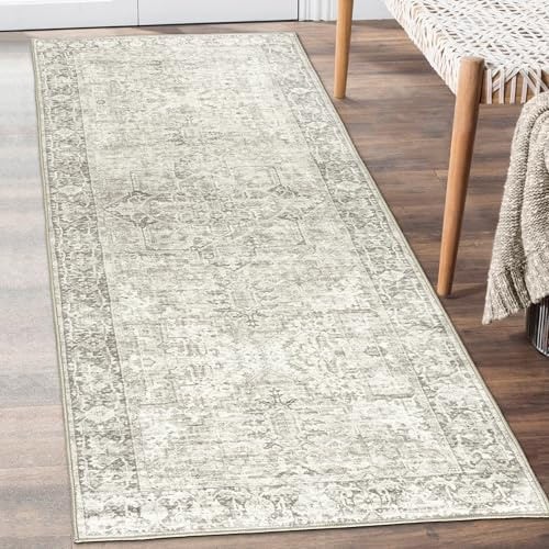 ReaLife Maschinenwaschbar Teppich Läufer - Wohnzimmer Schlafzimmer Badezimmer Küche Flur Büro - Rutschfest Kurzflor Premium-Fleckenbeständig - Boho Landhaus Vintage - Lyle - Beige Elfenbein - 75 x 180