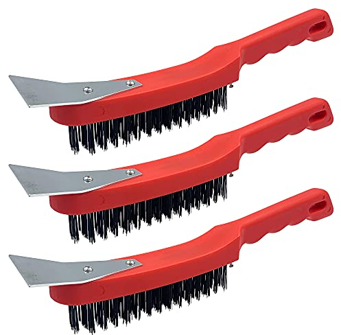Wire Brush Set, Multipurpose Steel Brush with Metal Scraper and Easy to Grip Plastic Handle − 29cm Steel Wire Brush for Rust Removal and Heavy Dirt Cleaning (Wire Brushes Pack of 3)