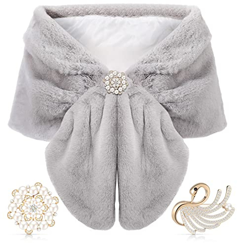 Geyoga Kunstpelz Schal Wickeln Stola Zucken Winter Braut Hochzeit Schal Wickeln mit Kunstperle Strass Broschen für Frauen (Silbergrau, Kurzes Haar)