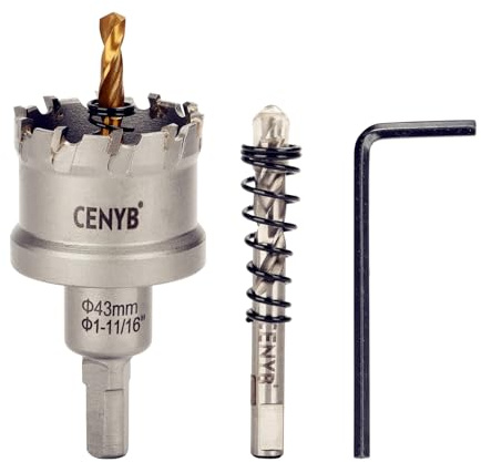CENYB scie cloche metal 1-11/16 (43mm) à pointe en carbure de tungstène, avec 2 forets pilotes titanées - Idéale pour métaux durs, acier inoxydable, fer, alliage d'aluminium, bois et plastique