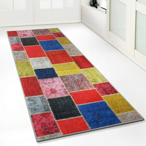 Floordirekt Teppichläufer mit Muster - maßgefertigter Feinschlingen Teppich Läufer für Küche, Flur & Wohnraum - Ornament Vintage Orient Gitter (80 x 150 cm, Monsano Bunt)