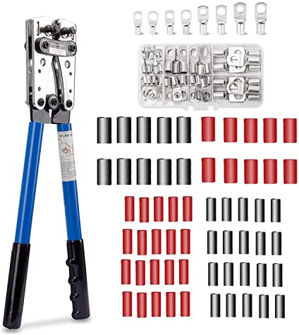 Crimpzange,Kabelschuhe Set,HX-50B Batteriekabel-Crimpwerkzeug+ 60 Kupferringklemmen & Schrumpfschläuche 6-50mm² 1/0-10AWG,Batteriekabelschuh von Kabel Drahtkabel,Profi KFZ Werkzeug