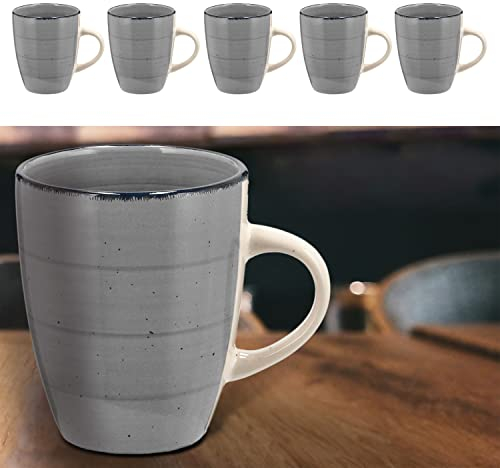 Kaffeebecher 6er Set | hellgrau 360ml 9x11cm Steingut | Bunte Tassen mit Henkel Tee Kaffee Glühwein | Keramiktasse für heiße Getränke (1 x 6er Set Becher grau)