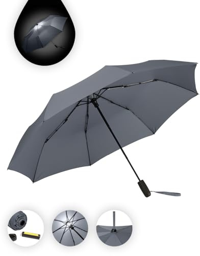 FARE Oversize-Taschenschirm Skylight (grau) - Effektvoller Regenschirm mit LED-Innenbeleuchtung und Aufhängefunktion
