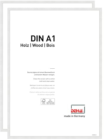 DEHA Design Bilderrahmen, 59,4 x 84,1 cm (A1) (2er Set), Holz, Weiß, Posterrahmen zum Aufhängen im Hoch- & Querformat, bruchsicheres Kunstglas, Fontana