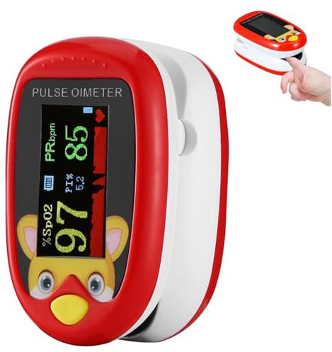 Oxímetro pediátrico. Pulsómetro profesional Medidor-saturador oxígeno en sangre con pantalla LED. Control de Frecuencia Cardíaca y nivel del de oxígeno de tu bebe. (ROJO)