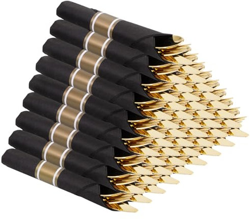 Supernal Paquete de 60 cubiertos dorados, enrollados, preenvueltos con servilletas negras, cubiertos de plástico resistente, tenedores y cucharas