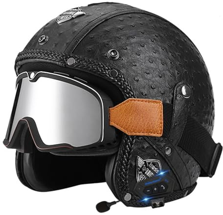 Casque Moto Rétro à Visage Ouvert avec Bluetooth Casque en Cuir Jet avec Lunettes Personnalisées Casque Moto Demi-Couverture 3/4 Casque Protection Homologué ECE Homme Femme