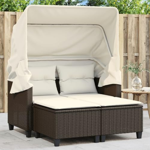 ShGaxin Gartensofa 2-Sitzer mit Dach und Hockern Braun Poly Rattan, Gartenlounge, Garden Sofa, Balkonmöbel, Gartenmöbel, Loungemöbel - 365782