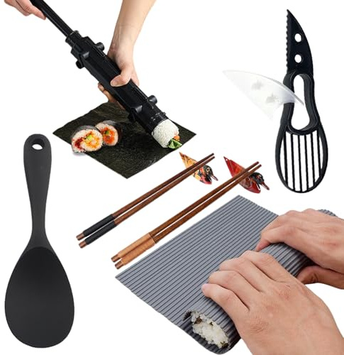 Wennala Kit Sushi Maki Complet 8 Pièces Machine à Fabriquer des Sushis,Kit à Sushi Bazooka pour Débutants,Avec Tapis à Sushi, Bazooka, Couteau,Repose-Baguettes,Baguettes，Cuillère à Riz