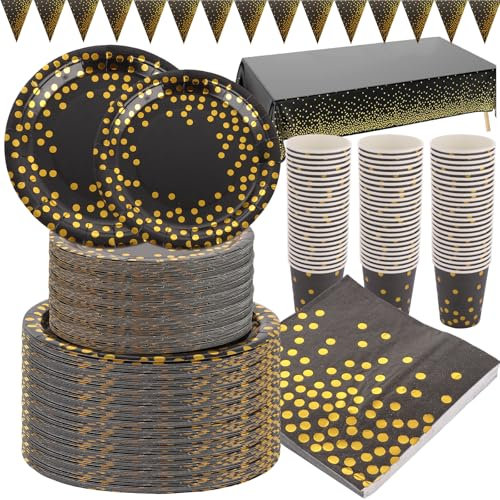 SHUESS 202 Pcs Black and Gold Paper Plates Set, Black and Gold Party Supplies, Golden Dot Party Tableware Includes Black Paper Plates, Napkins, 9oz Cups, Tablecloth, Banner for Parties, Serves 50