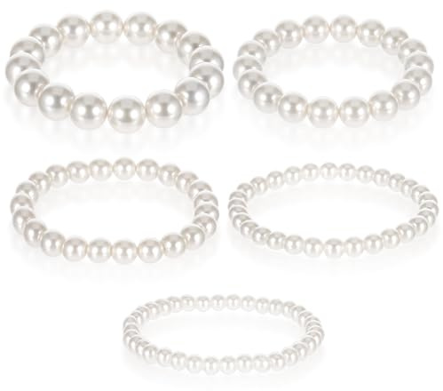 Ymapinc 5 pulseras elásticas de perlas para mujer, elegantes pulseras blancas para dama de honor, pulseras apilables de boda para novia, pulseras de cuentas de perlas sintéticas, juego de pulseras de
