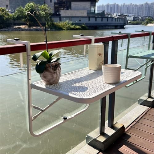 Klapptisch Balkongeländer,Hängetisch Balkon,Klappbar Wandtisch Geländer Terrasse,Gartentisch Wetterfest,5-Fach Höhenverstellbar,Platzsparender Laptop Computer,für Terrasse und Garten Geländer(All whit