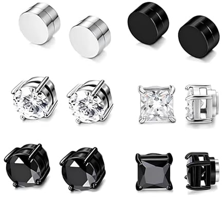 VARKAGE 6 Paar Magnet Ohrringe Damen, Edelstahl Magnetic Earrings For Men für 6mm, Nicht Piercing Cubic Zirconia Fake Ohringe Herren