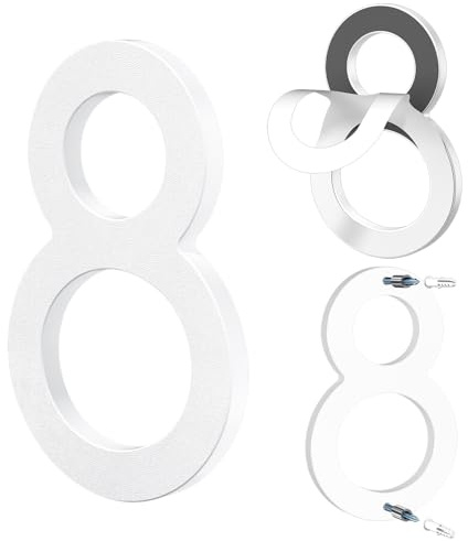 Yafimea Numero civico esterno 15 cm bianco, Numeri civici adesivi o a vite, effetto galleggiante 3D, plastica resistente per parete o cancello (8)