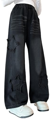 Jeans Mädchen Cool Herz Stern Schleife Sommerhosen Kinder High Waist Weite Bein Trend Jeanhosen Teenager Baggy Gummibund Lässige Vintage Soft Hosen