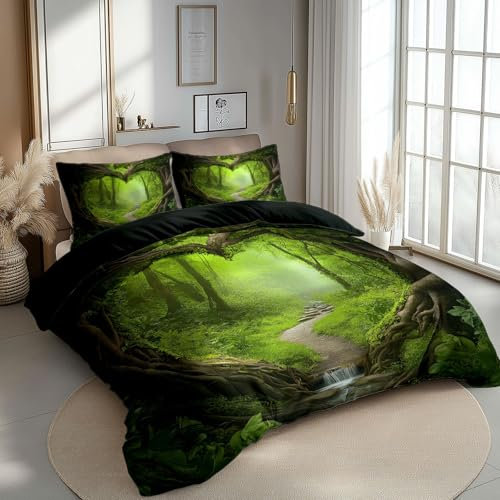 Reversible Bedding Set Duvet Cover Set Cot-bed for Kids Toddler- Magic Forest Green Plant Printed Quilted Comforter Cover with 1 Pillowcases, Black, Microfiber, Zipper Closure, 2 Pieces