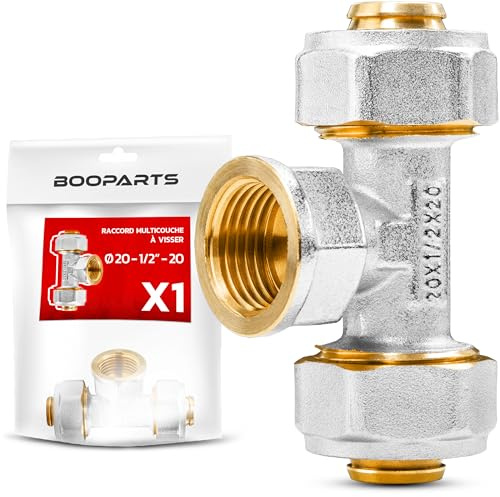 BOOPARTS – Raccordo a T a Stringere 20 x 1/2F x 20 mm per Tubo Multistrato | Senza Pressatrice | Ottone Nichelato | 1 Pezzo